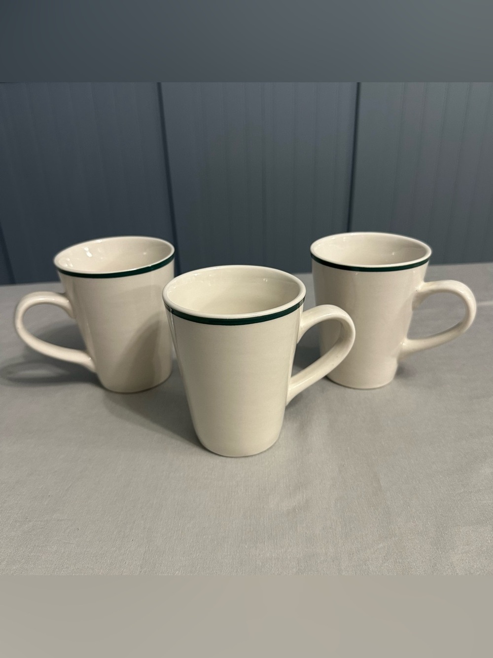 Stoneware Coffee Mugs Set of 3 White with Hunter Green Rim Stripe Pattern Diner
